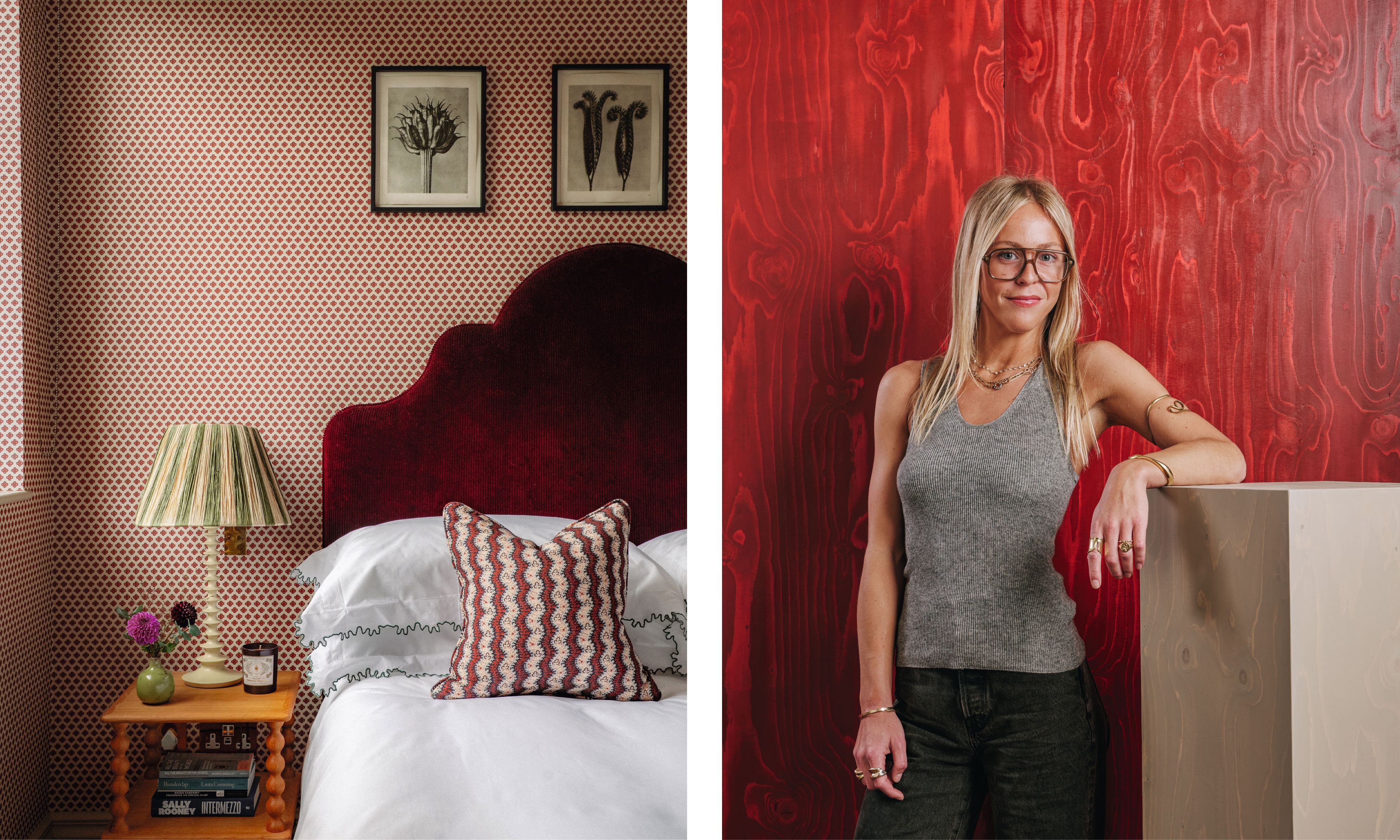 Diptych: A bedroom with red patterned wallpaper and a scalloped velvet headboard beside a portrait of designer Ella Jones leaning against a grey block in front of a red wood wall.