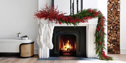a christmas fireplace with garland