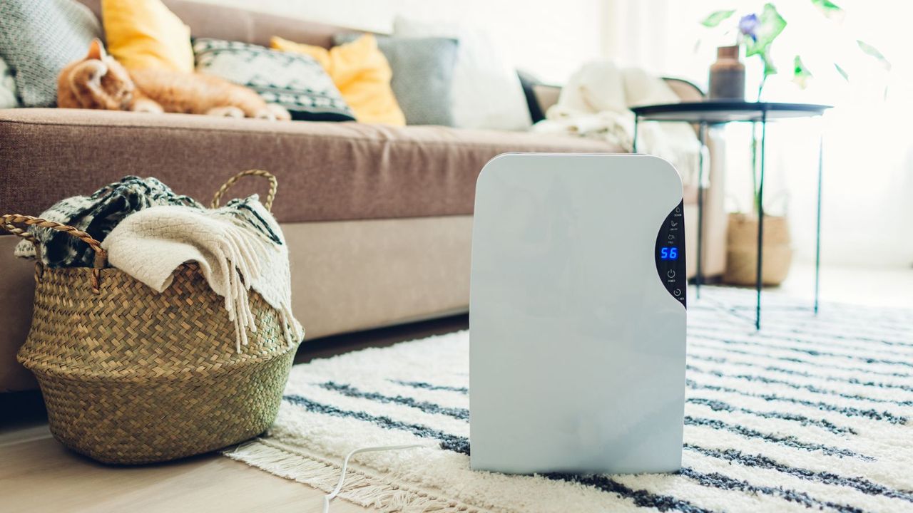 A white dehumidifier in the enter of a living room floor next to a laundry basket and a cream sofa