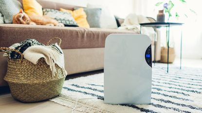 A white dehumidifier in the enter of a living room floor next to a laundry basket and a cream sofa