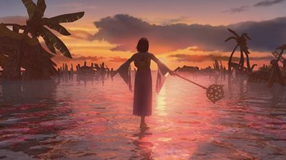 A scene from Final Fantasy 10 showing character Yuna standing on the water holding out her rod as the sun sets 