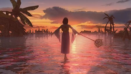 A scene from Final Fantasy 10 showing character Yuna standing on the water holding out her rod as the sun sets 
