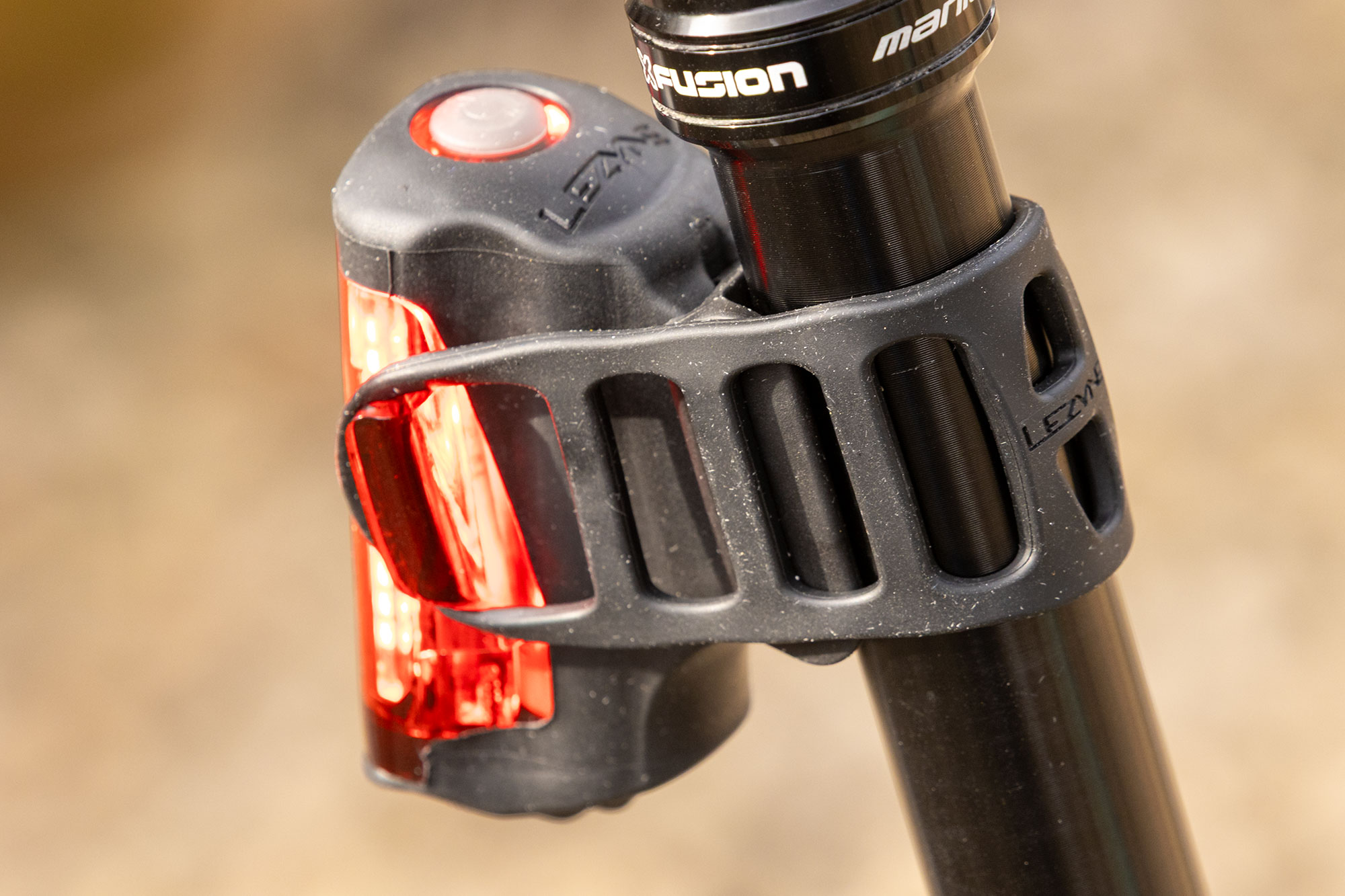 Lezyne Radar Drive Rear pictured from the rear to show mounting system, including large rubber 'ladder' strap