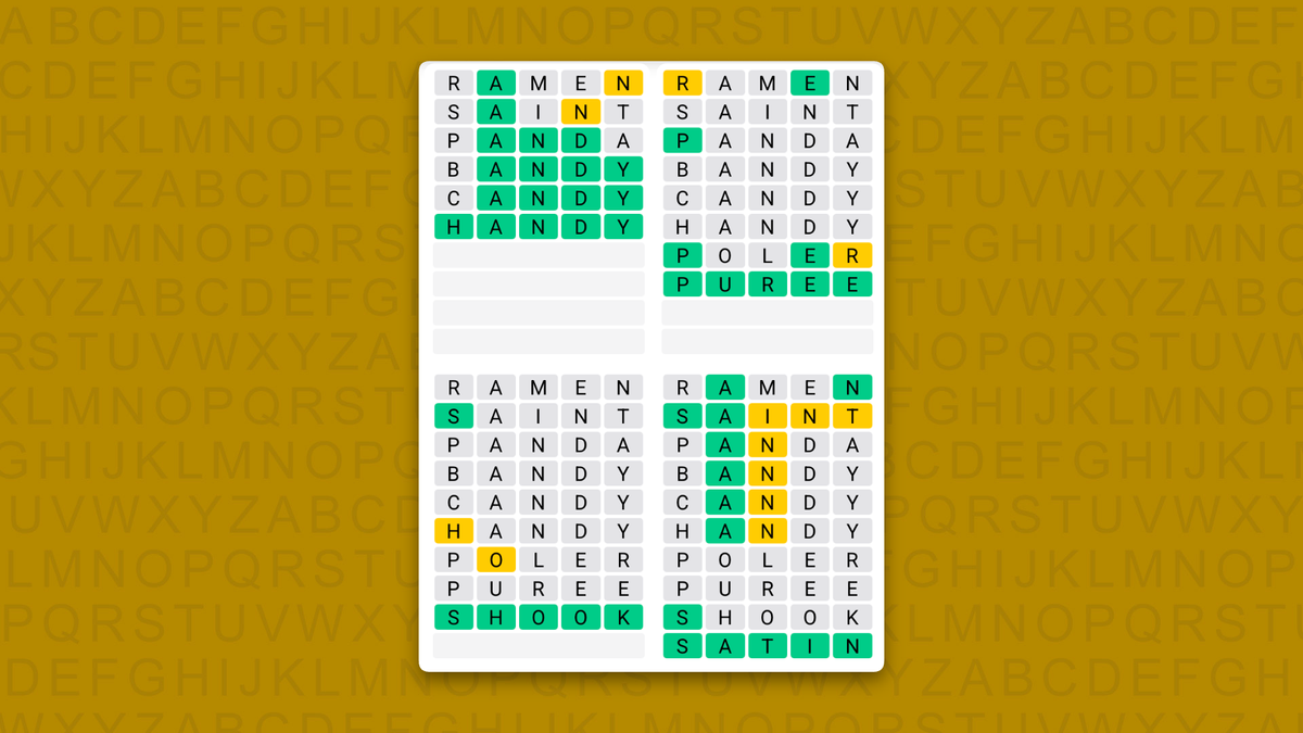 Quordle Daily Sequence answers for game 1717 on a yellow background