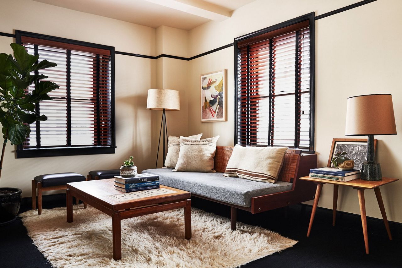 An hotel features mid-century modern furniture giving communal as well as personal areas a vintage feel.