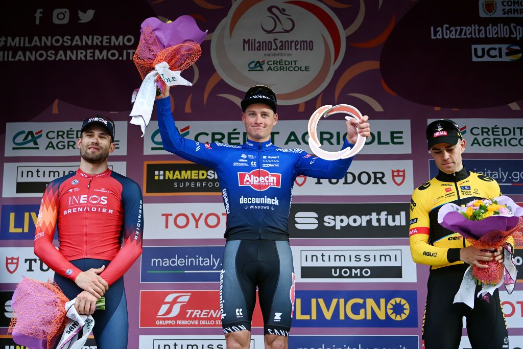SANREMO ITALY MARCH 18 LR Filippo Ganna of Italy and Team INEOS Grenadiers on second place race winner Mathieu Van Der Poel of The Netherlands and Team AlpecinDeceuninck and Wout Van Aert of Belgium and Team Jumbo Visma on third place pose on the podium ceremony after the 114th MilanoSanremo 2023 a 294km one day race from Abbiategrasso to Sanremo MilanoSanremo UCIWT on March 18 2023 in Sanremo Italy Photo by Tim de WaeleGetty Images