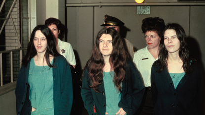 Image of the Manson family members and murder suspects Susan Atkins, Patricia Krenwinkle, and Leslie van Houton.