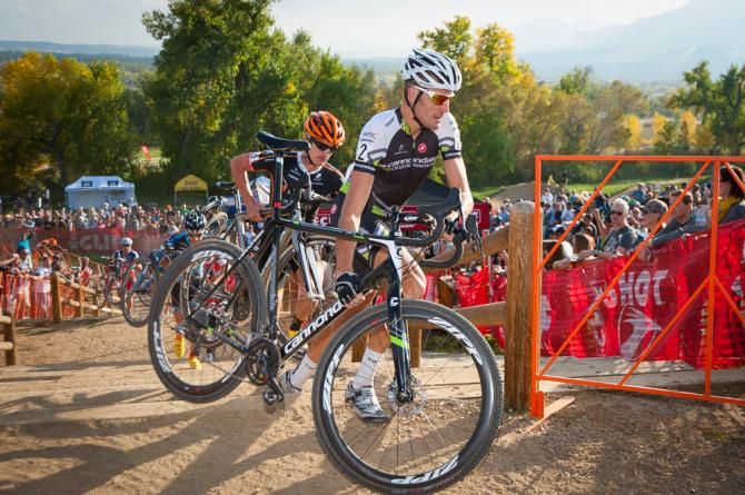 Ryan Trebon (Cannondale) and Mitch Hoke (Optum) cresting The 5280' Run-Up during teh opening lap of the race. Boulder Cup.