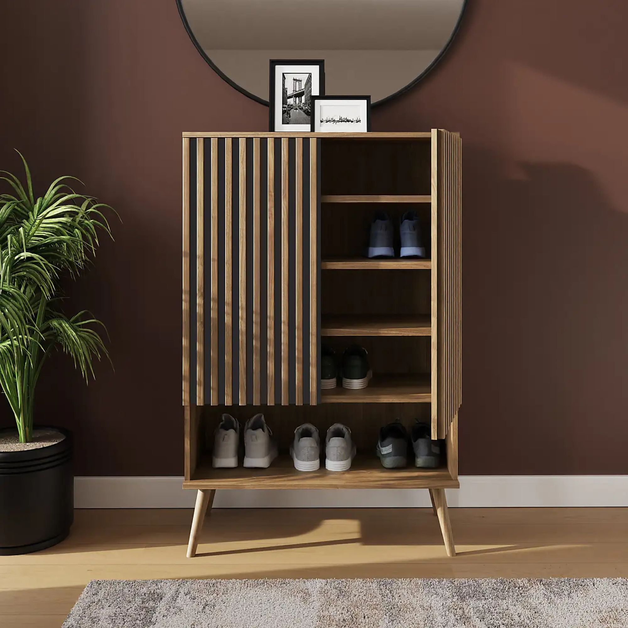 Rowan Shoe Storage unit with the doors open, showing the shoes inside