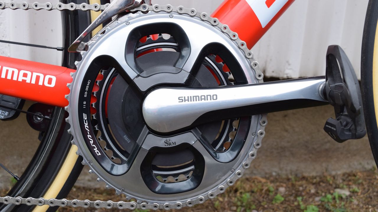 Porte runs 170mm cranks, Dura-Ace 9000 series 53/39T chainrings and a SRM power meter
