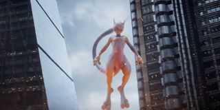 Detective Pikachu Mewtwo hovers over a fire