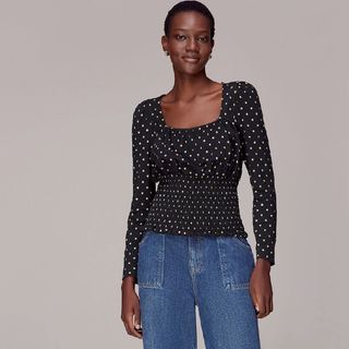 Whistles Spot Square Neck Shirred Top