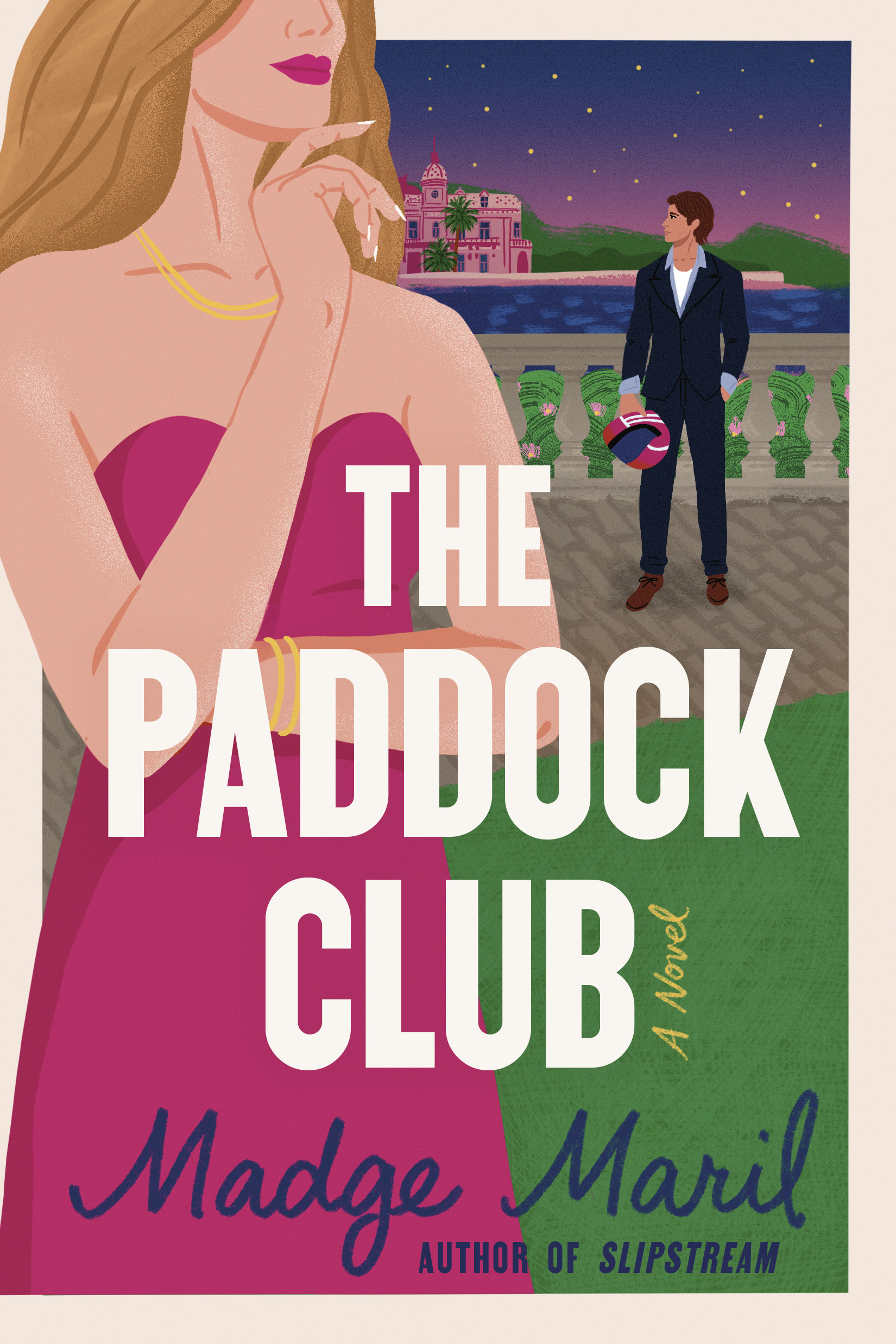 the cover of the book the paddock club featuring a woman in a pink gown standing near an f1 driver in a suit holding his helmet