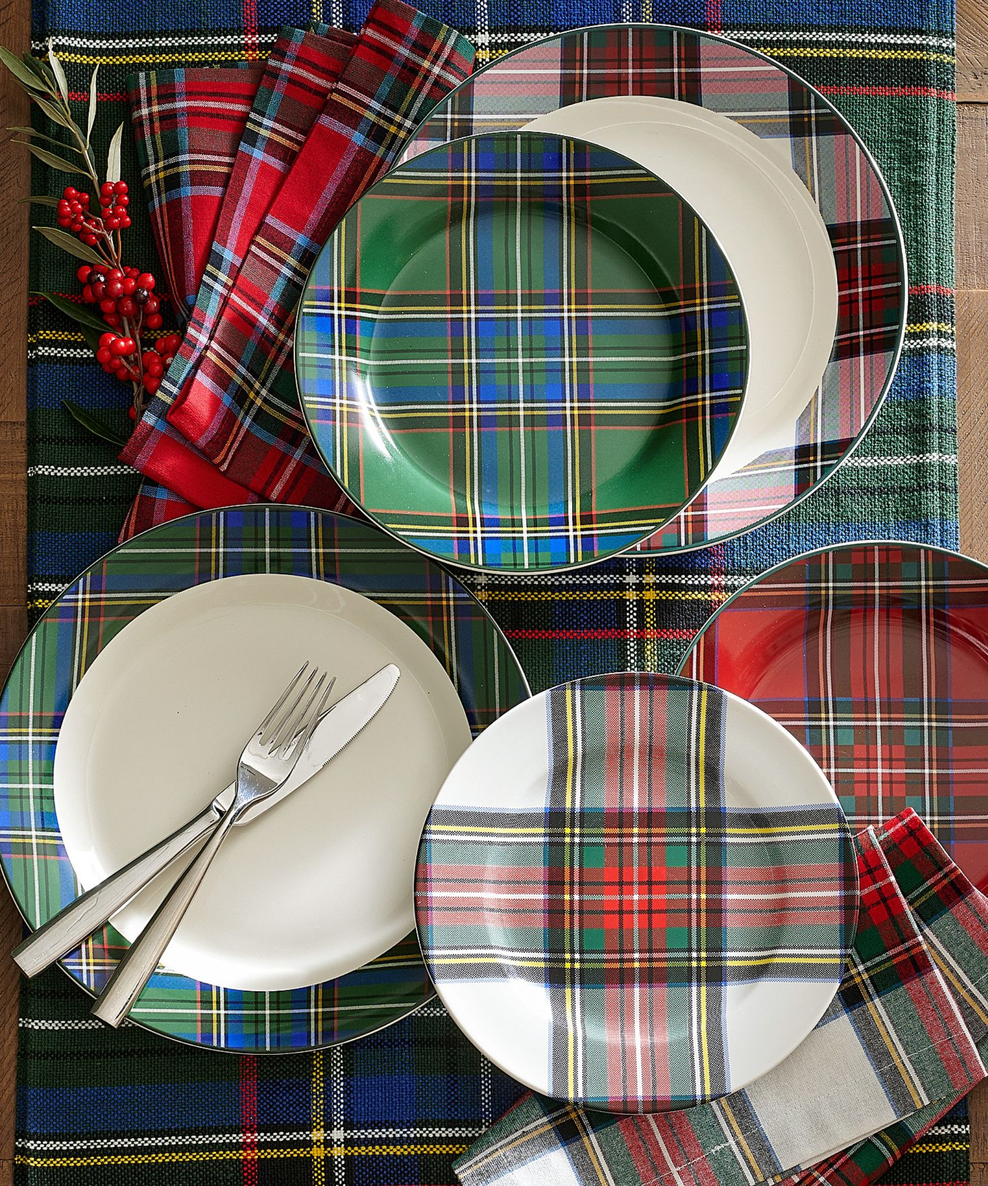 White, red and green plaid dinnerware