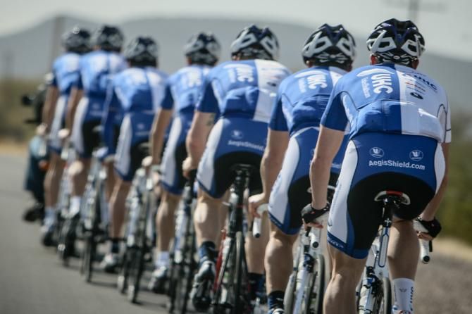 The "blue train" gets lined up during a training ride