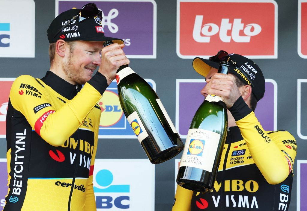 From L Dutch Dylan Van Baarle of JumboVisma and French Christophe Laporte of JumboVisma celebrate on the podium of the 78th edition of the mens oneday cycling race Omloop Het Nieuwsblad 2073 km from Gent to Ninove on February 25 2023 Photo by KURT DESPLENTER Belga AFP Belgium OUT Photo by KURT DESPLENTERBelgaAFP via Getty Images