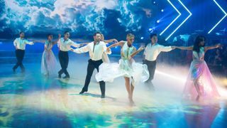 From L to R: Valentin Chmerkovskiy, Jenna Johnson, Alan Bersten, Pasha Pashkov, Daniella Karagach, Brandon Armstrong, and Britt Stewart on Dancing With the Stars.