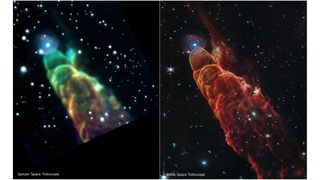 side-by-side space telescope images of a large, cylindrical celestial cloud. the image on the left is quite fuzzy, whereas the one on the right is sharply resolved