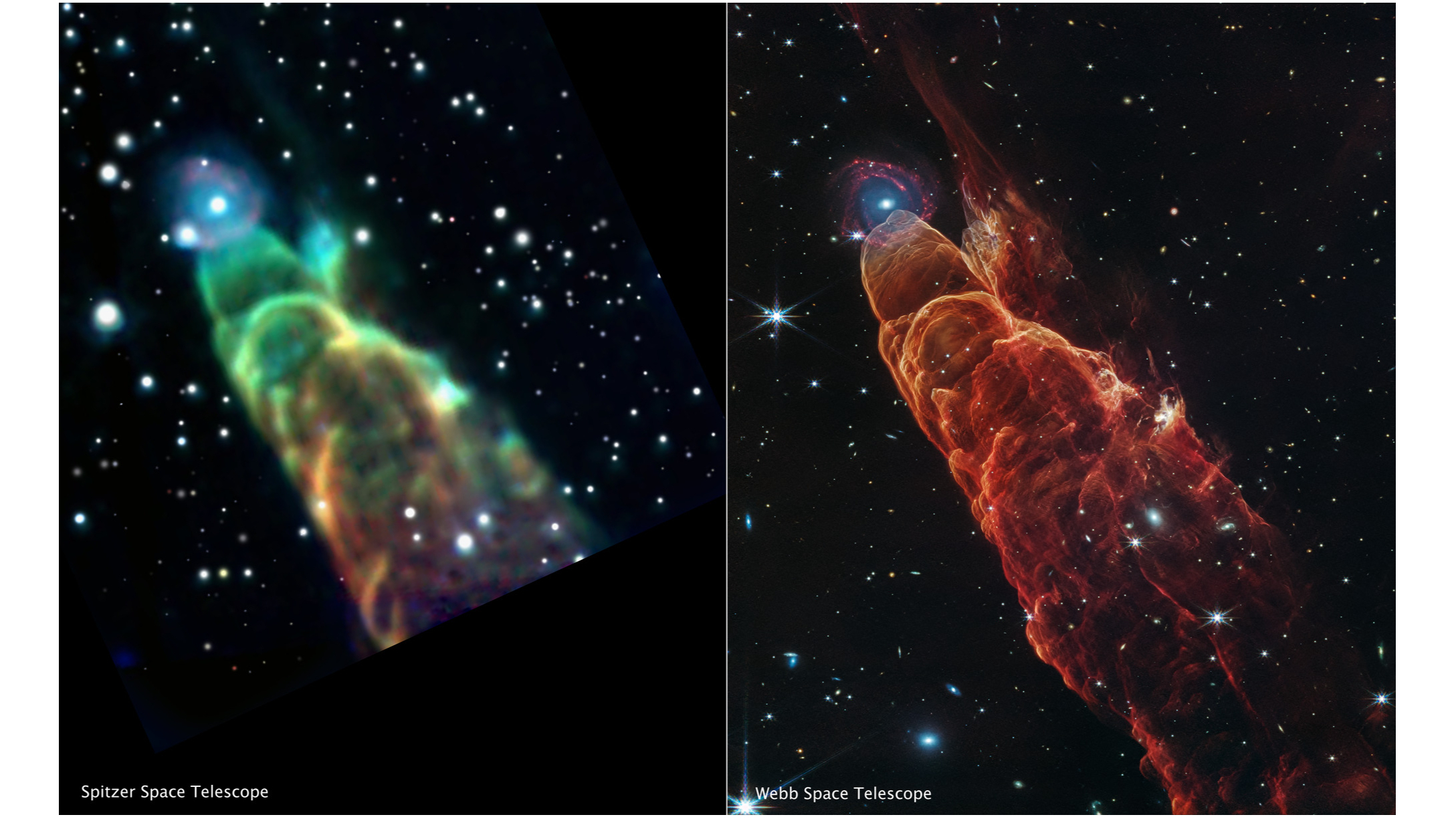 side-by-side space telescope images of a large, cylindrical celestial cloud. the image on the left is quite fuzzy, whereas the one on the right is sharply resolved