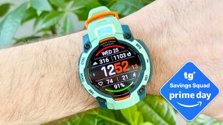 Close-up of the Garmin Instinct 3 on the writer's wrist