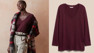 Model wears burgundy long sleeve v-neck t-shirt