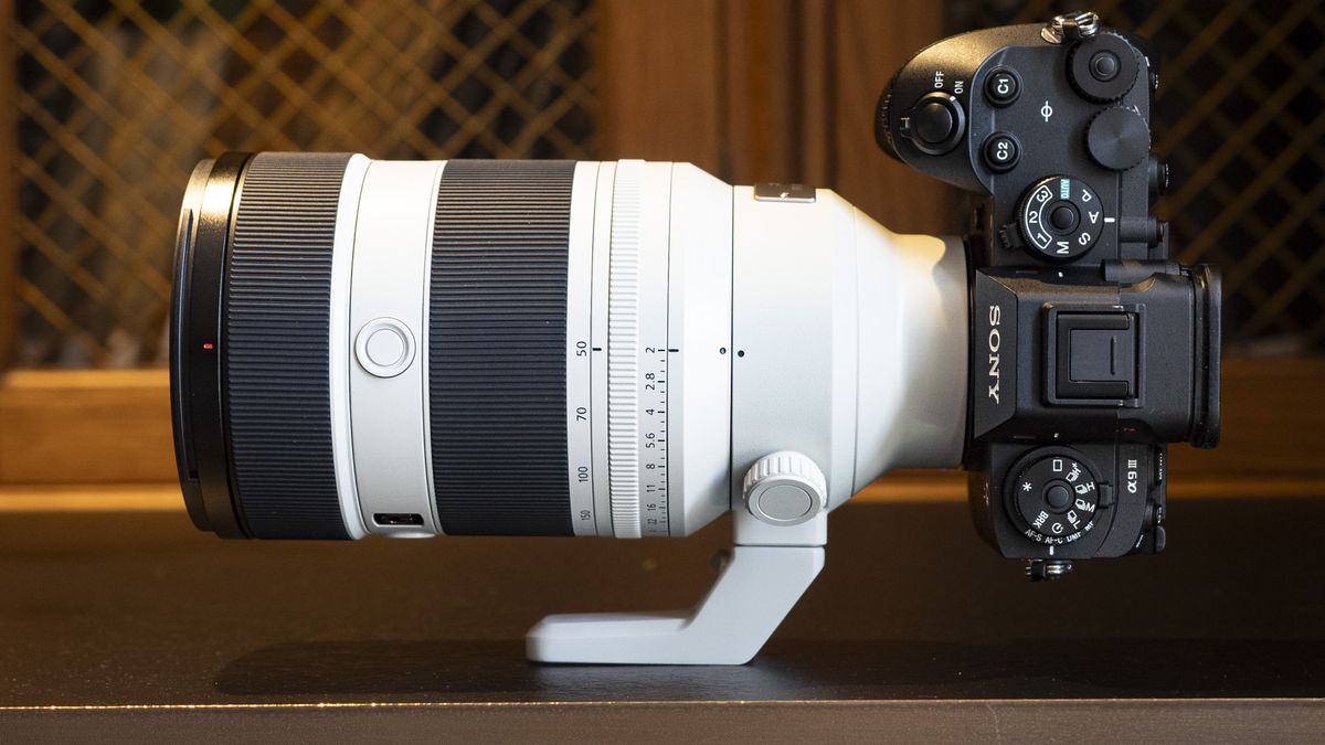 Sony FE 50-150mm F2 GM lens attached to a Sony A9 III, on a table