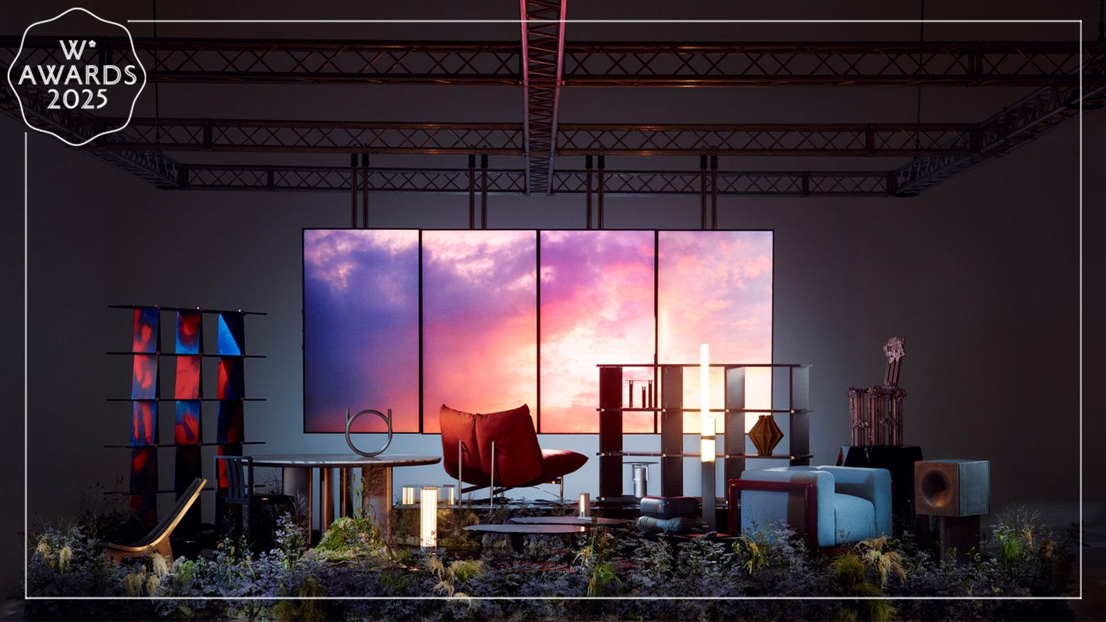 furniture designs in front of window with dawn sky