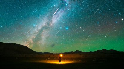 A stargazer standing on a plain with many shooting stars streaking overhead
