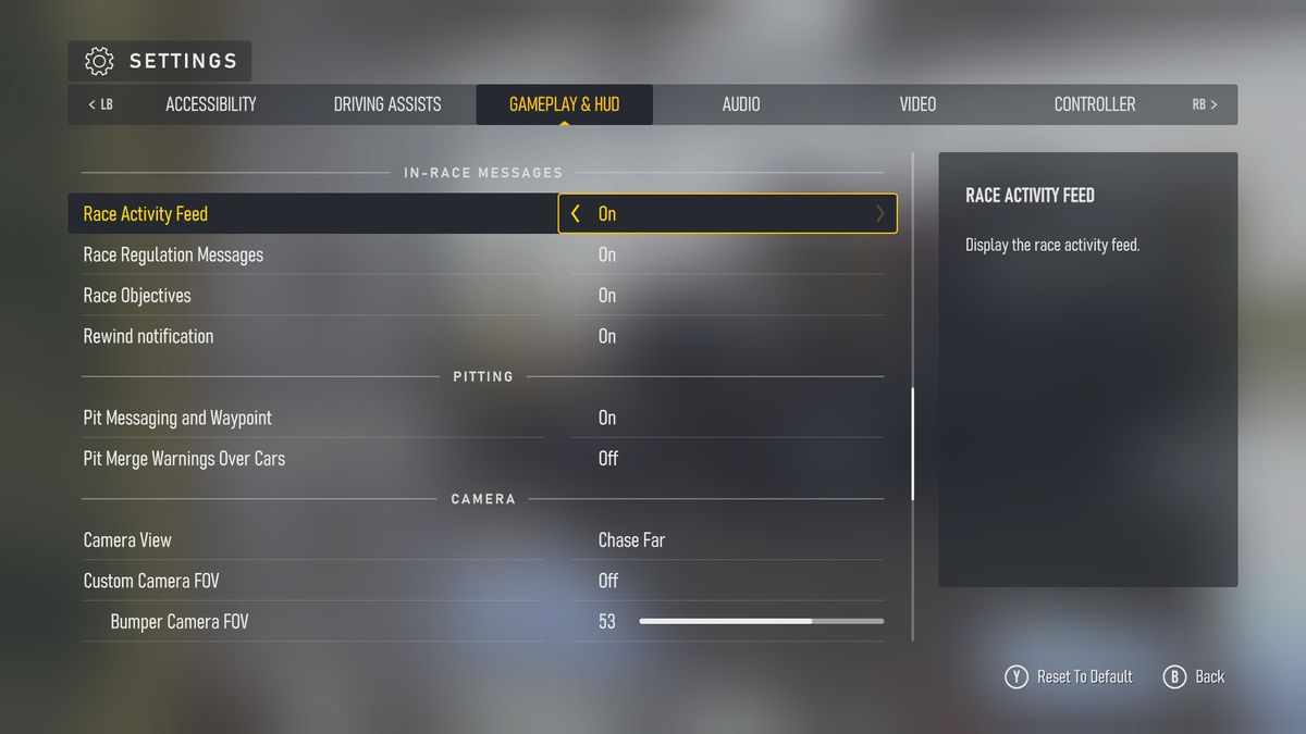 Screenshots of Forza Motorsport (2023)'s accessibility menus and settings.