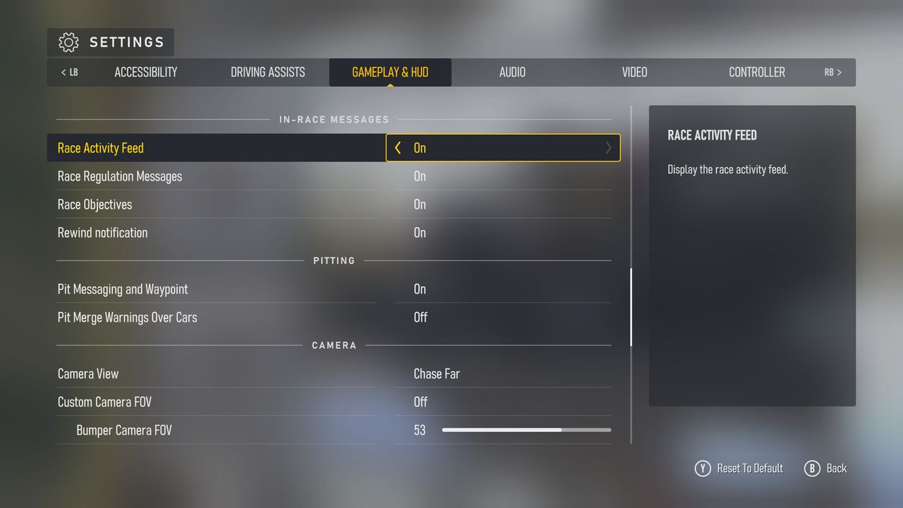 Screenshots of Forza Motorsport (2023)'s accessibility menus and settings.