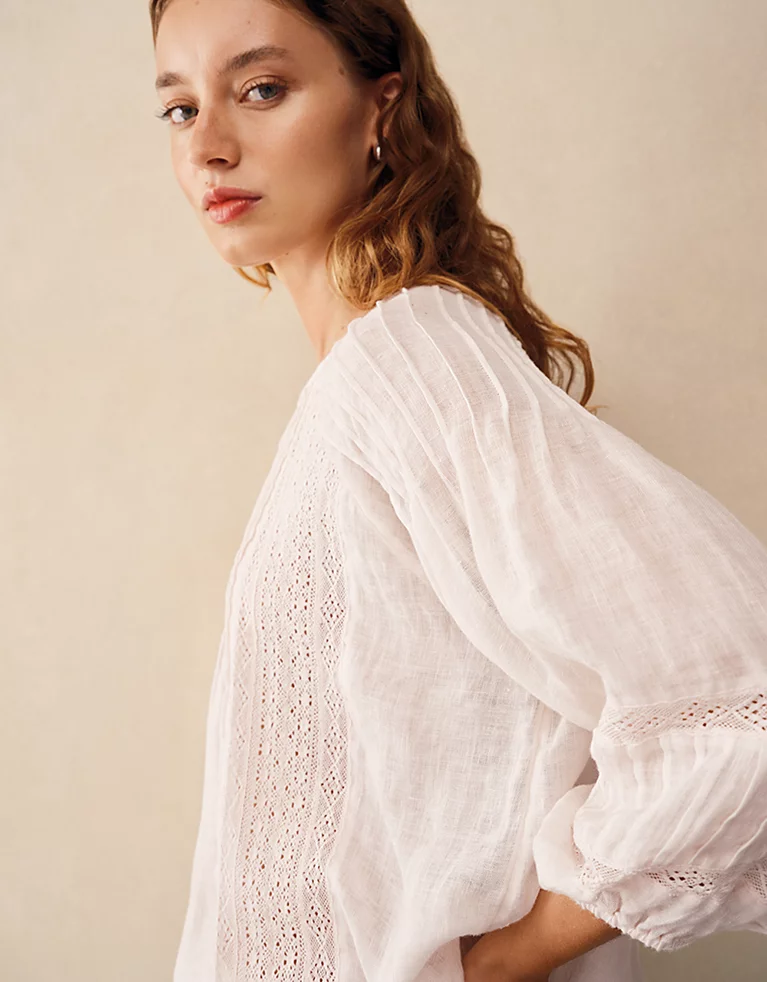 The White Company, Linen Gauze Pintuck Boho Blouse