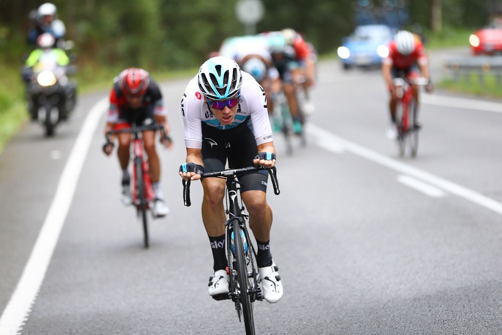 Dylan Van Baarle attacks the breakaway near the end of stage 12 at the Vuelta