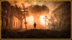 a mushroom cloud with an apocalyptic scene and a man standing looking at it in the center