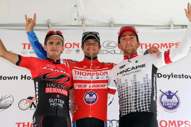 Bucks County Classic podium (L-R): Matt Cooke (Jamis-Hagens Berman), 3rd; Kiel Reijnen (UnitedHealthcare), 1st; Joe Lewis (Hincapie Sportswear), 2nd