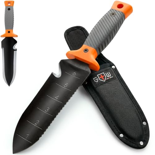 Hori Hori Garden Knife 7" With Sheath &amp;ndash; Heavy Duty Stainless Steel Multi-Purpose Tool for Weeding, Digging &amp;amp; Planting, Serrated &amp;amp; Straight Full-Tang Blade, Non-Slip Rubber Handle, Pruning Shears