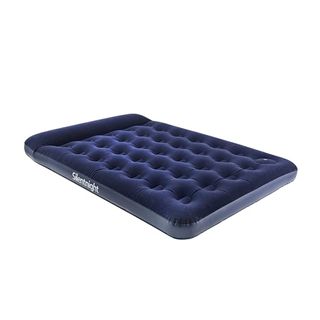 A navy blue double airbed with a built-in foot pump