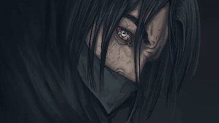 Protagonist looking into the camera with a bloody eye