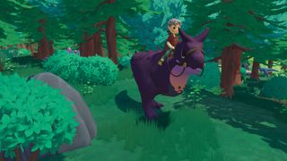 A player made character riding a purple Carnotaurus in Paleo Pines.