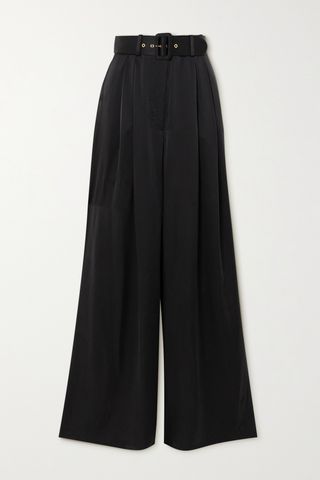 Belted Pleated Silk-Satin Wide-Leg Pants