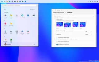 Windows 11 desktop with the Taskbar at the top showing smaller Start menu and the Settings app opened.