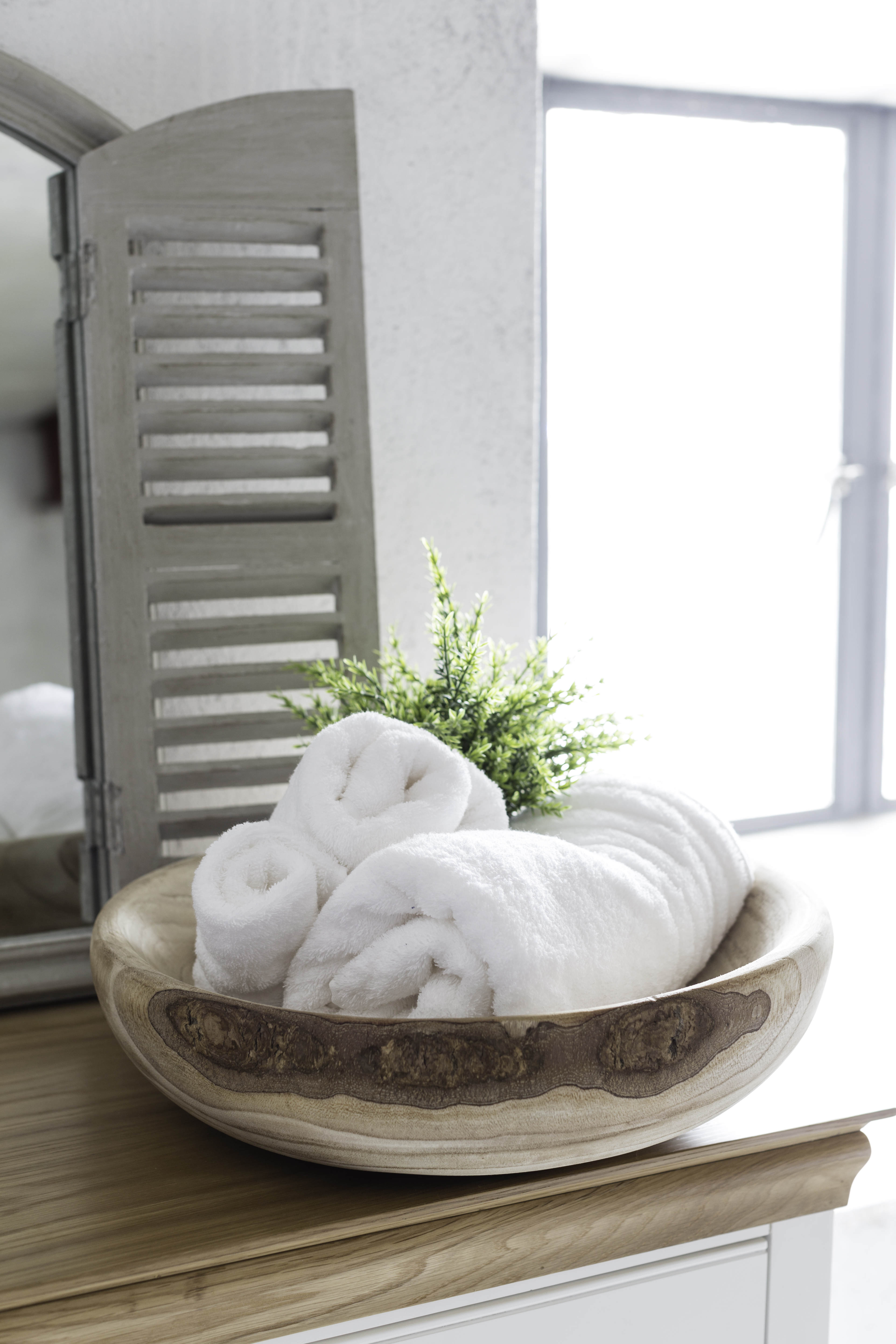 towel storage ideas: olive bowl with Harvey Norman towels