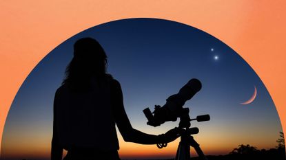 october astrology events woman looking at telescope at sunset on an orange background