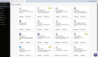 Desktop screenshot of the Commvault Cloud service catalog