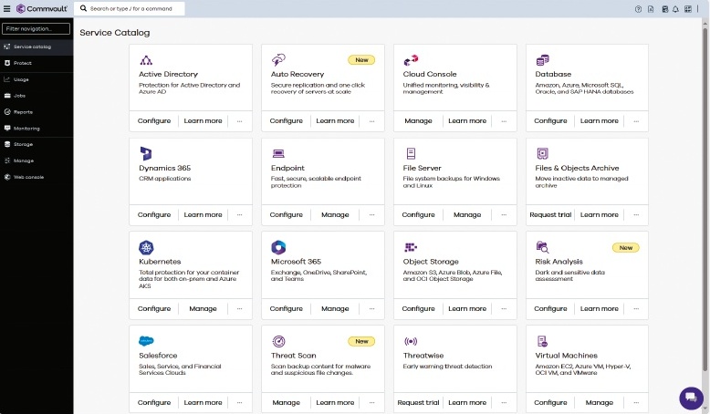 Desktop screenshot of the Commvault Cloud service catalog