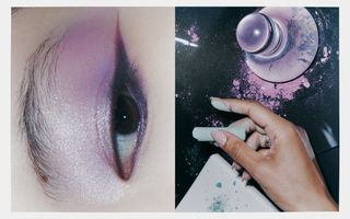 Chanel Spring Collection: close-up of an eye with purple eye shadow next to an image of someone drawing with chalk