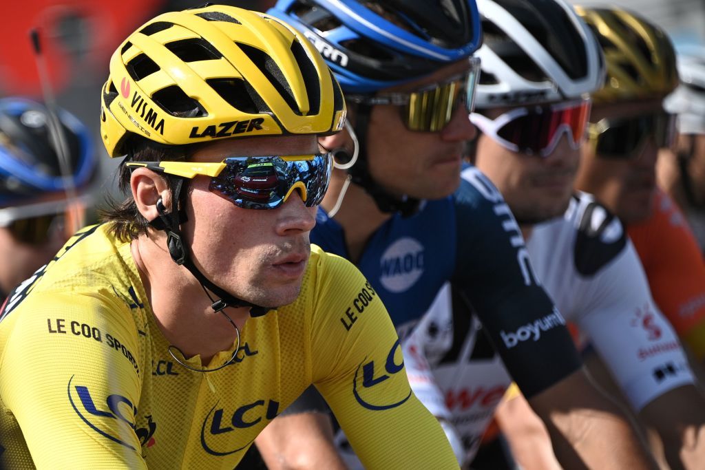 Team Jumbo rider Slovenias Primoz Roglic wearing the overall leaders yellow jersey takes the start of the 16th stage of the 107th edition of the Tour de France cycling race 164 km between La Tour du Pin and VillarddeLans on September 15 2020 Photo by AnneChristine POUJOULAT AFP Photo by ANNECHRISTINE POUJOULATAFP via Getty Images