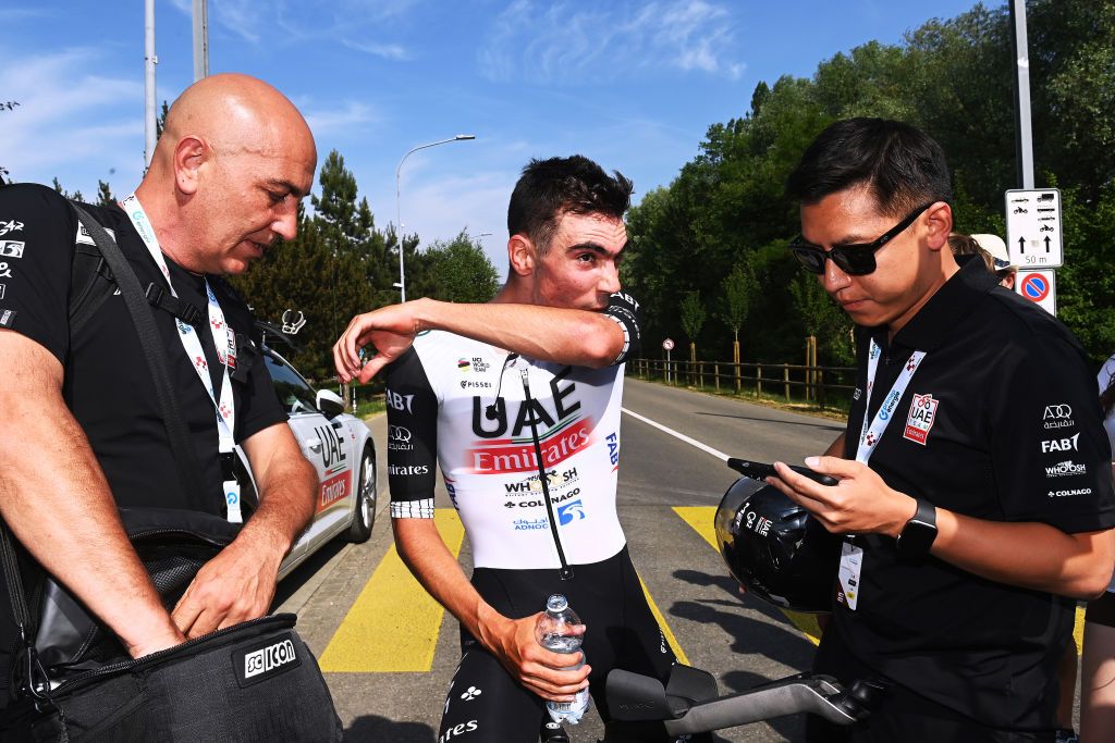 ABTWILL SWITZERLAND JUNE 18 Juan Ayuso of Spain and UAE Team Emirates reacts after the 86th Tour de Suisse 2023 Stage 8 a 257km individual time trial from St Gallen to Abtwil UCIWT on June 18 2023 in Abtwil Switzerland Photo by Tim de WaeleGetty Images