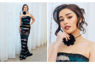 Liza Soberano poses in front of curtains wearing a lace-paneled strapless dress by Olivier Theyskens.