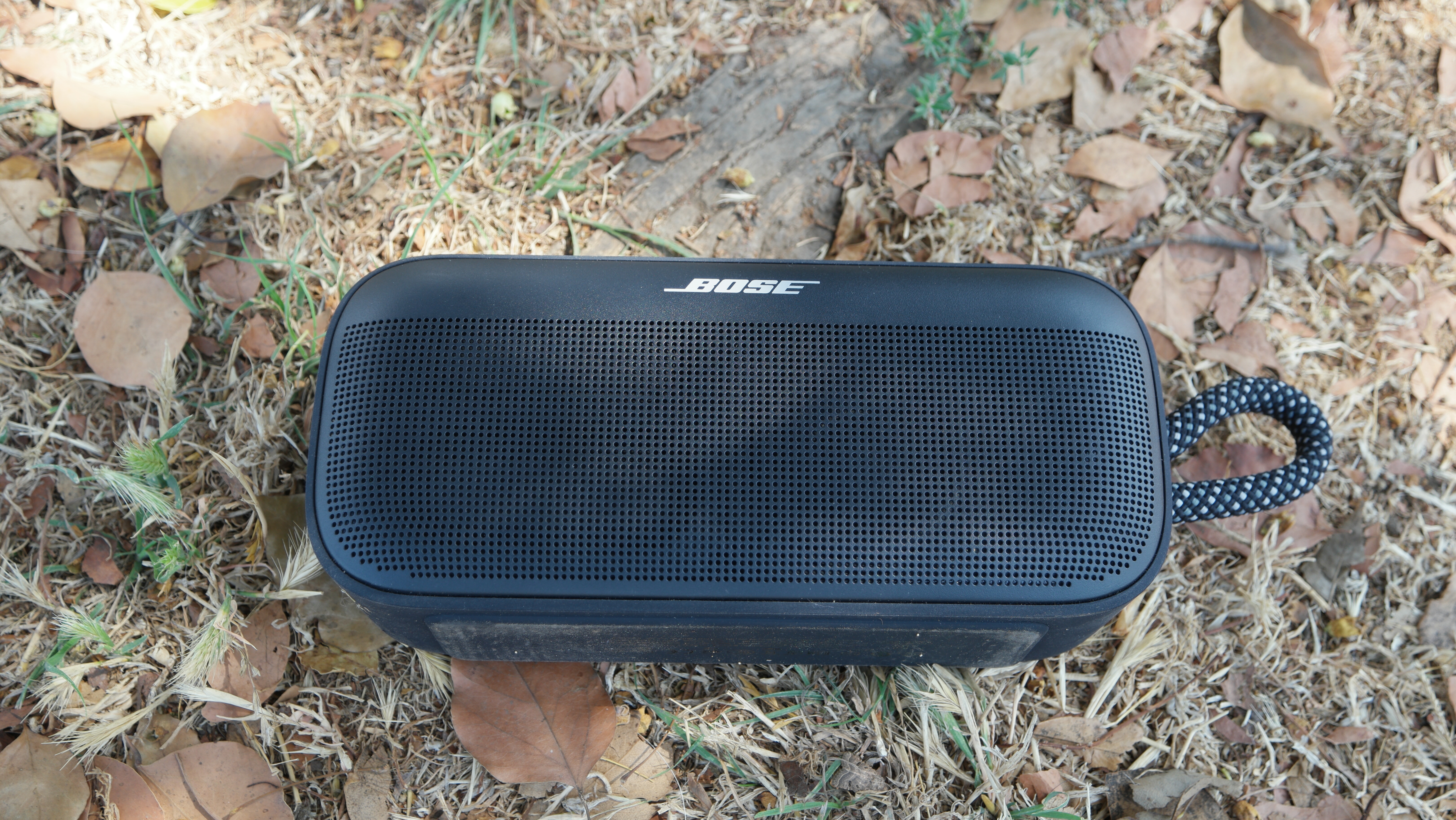 Bose SoundLink Plus front view with Bose branding and nylon loop visible