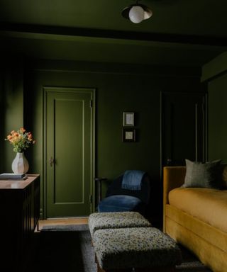 dark living room color drenched dark green